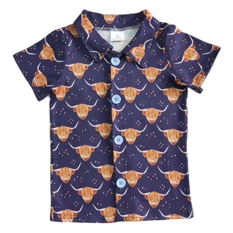 Boys Fast Ship! Southwest Highland Steer Print Button Shirt