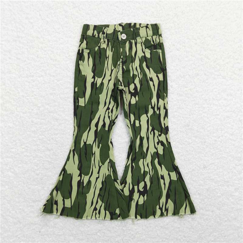 Girls Bell Bottom Denim Pants - Western Green Camo Kids