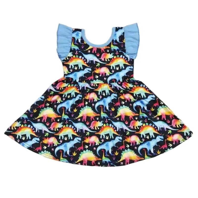 Girls Flutter Sleeve Dress Black Watercolor Dinosaur