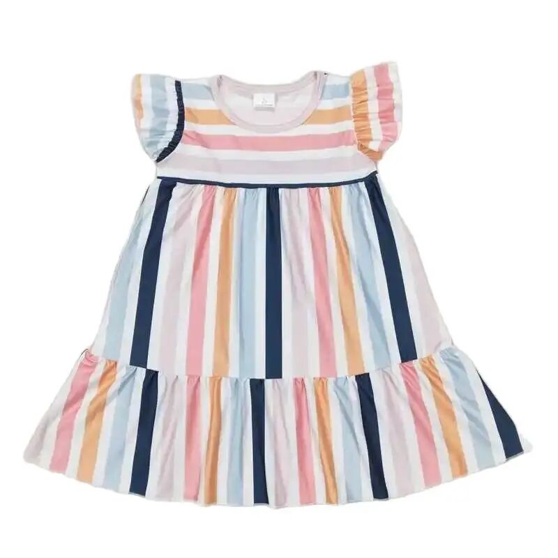 PEACH NAVY FLUTTER STRIPE - Girls Twirly Dress Ruffle