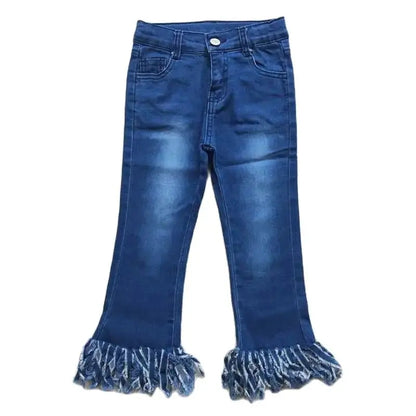 Girls Western Denim Fringe Hem JEANS Pants Kids Clothes