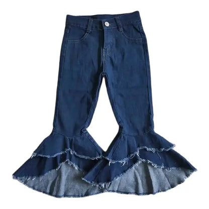 Girls Bell Bottom Denim Pants - Dark Wash Blue Tiered