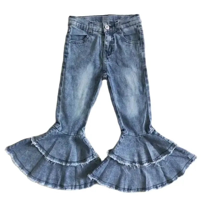 Girls Bell Bottom Denim Pants - Blue Distressed Tiered Kids