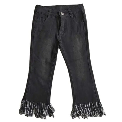 Girls Fringe Hem Denim Pants - Kids Solid Black