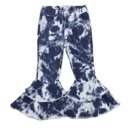 Girls Bell Bottom Denim Pants - Tie Dye Indigo White