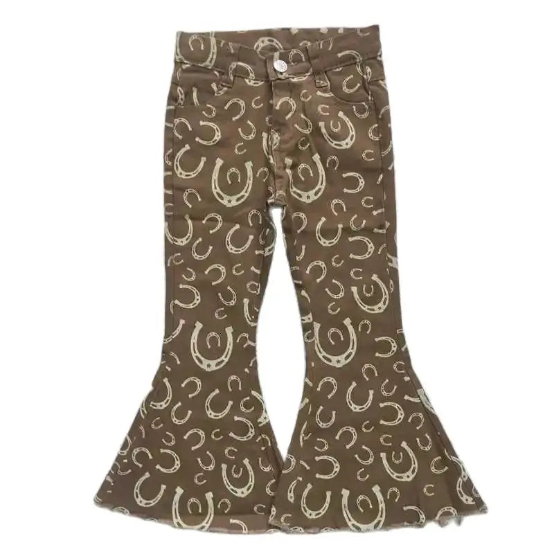 Girls Bell Bottom Denim Pants - Western Brown Horseshoe Kids