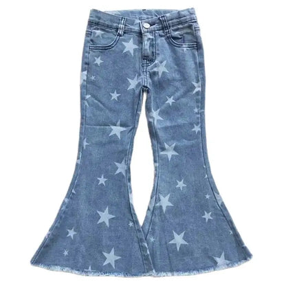 Girls Bell Bottom Denim Pants - Western Blue Star Kids