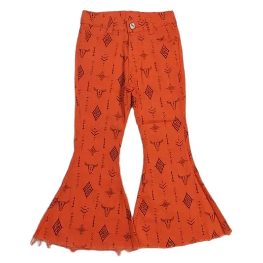 Girls Bell Bottom Denim Pants - Western Orange Steer Skull