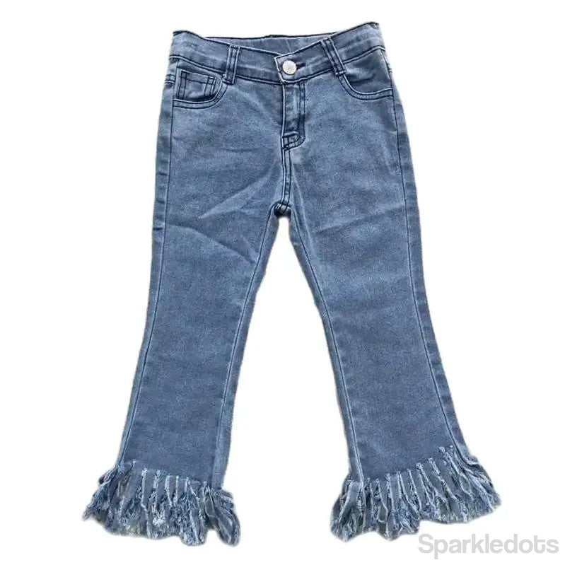 Girls Fringe Hem Denim Pants - Kids Light Wash Blue