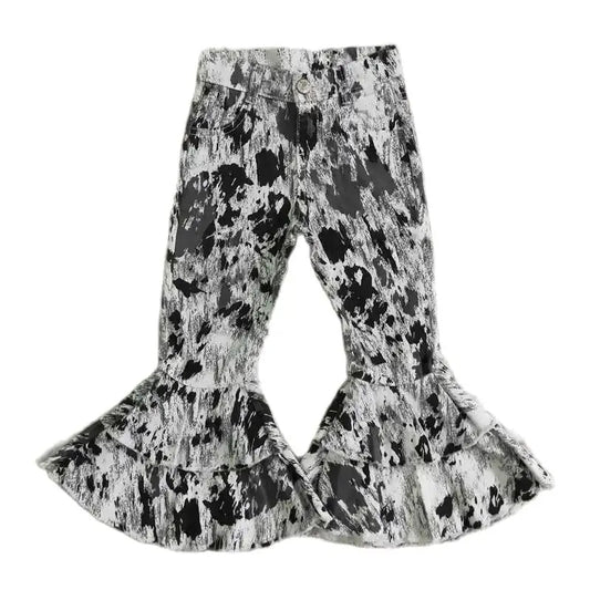 Girls Bell Bottom Denim Pants - Black & White Cow Print Kids