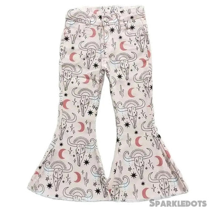 Girls Bell Bottom Denim Pants -Western Celestial Steer Skull