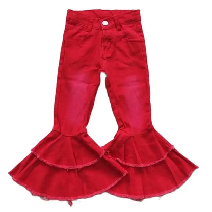 Girls Bell Bottom Denim Pants - Solid Reddish Bleached Kids