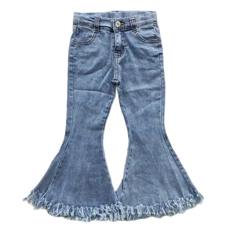 Girls Bell Bottom Denim Pants - Blue Light Wash Fringe Hem