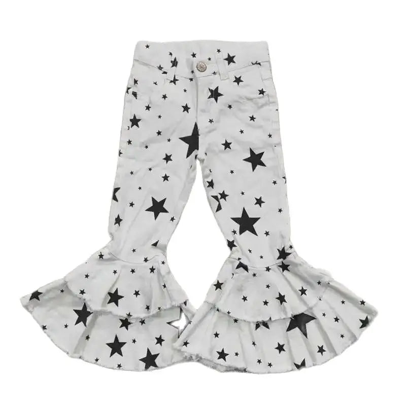 Girls Bell Bottom Denim Pants - Western White Black Star