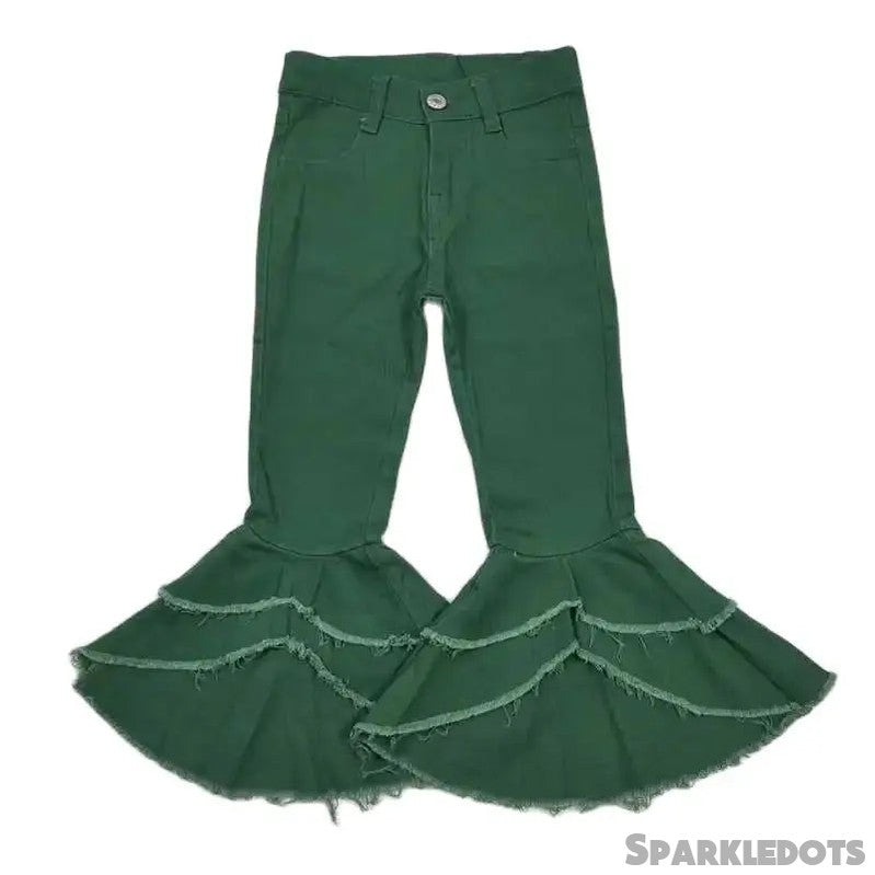 Girls Bell Bottom Denim Pants - Solid Green Tiered Kids