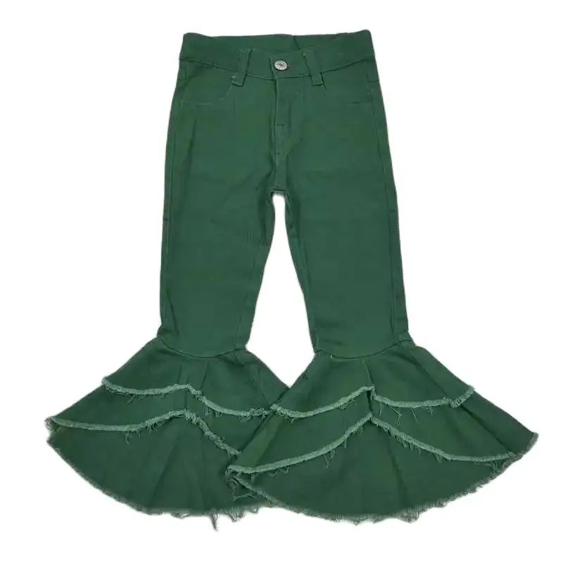 Girls Bell Bottom Denim Pants - Solid Green Tiered Kids