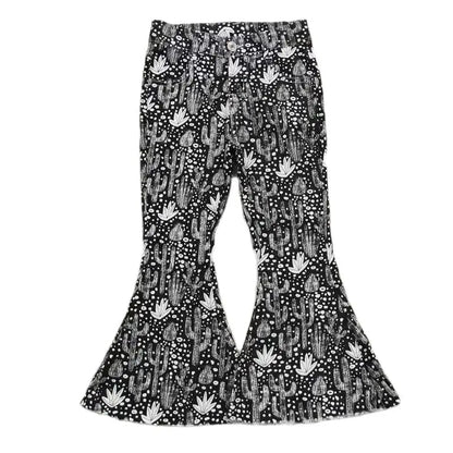 Girls Bell Bottom Denim Pants - Western Black Cactus Kids