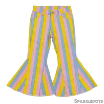 Girls Bell Bottom Denim Pants - Western Multi Stripe Kids