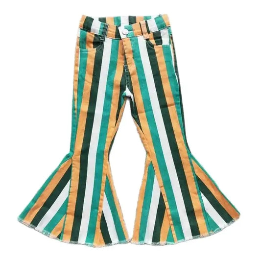 Girls Bell Bottom Denim Pants - Western Multi Stripe Kids