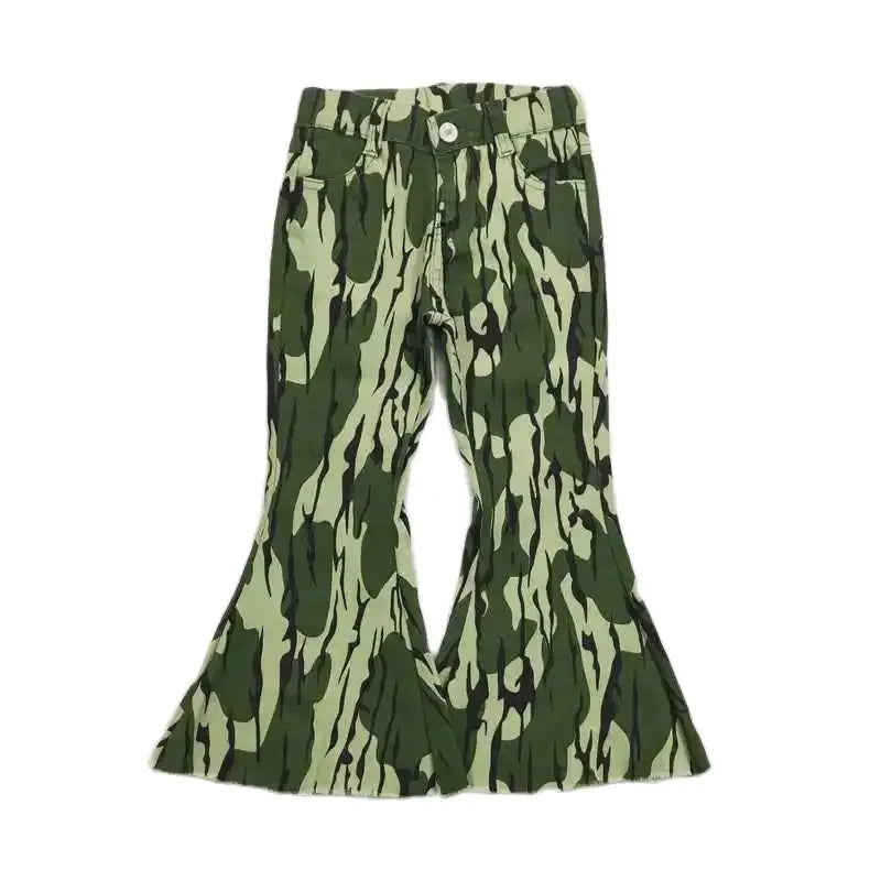 Girls Bell Bottom Denim Pants - Western Green Camo Kids