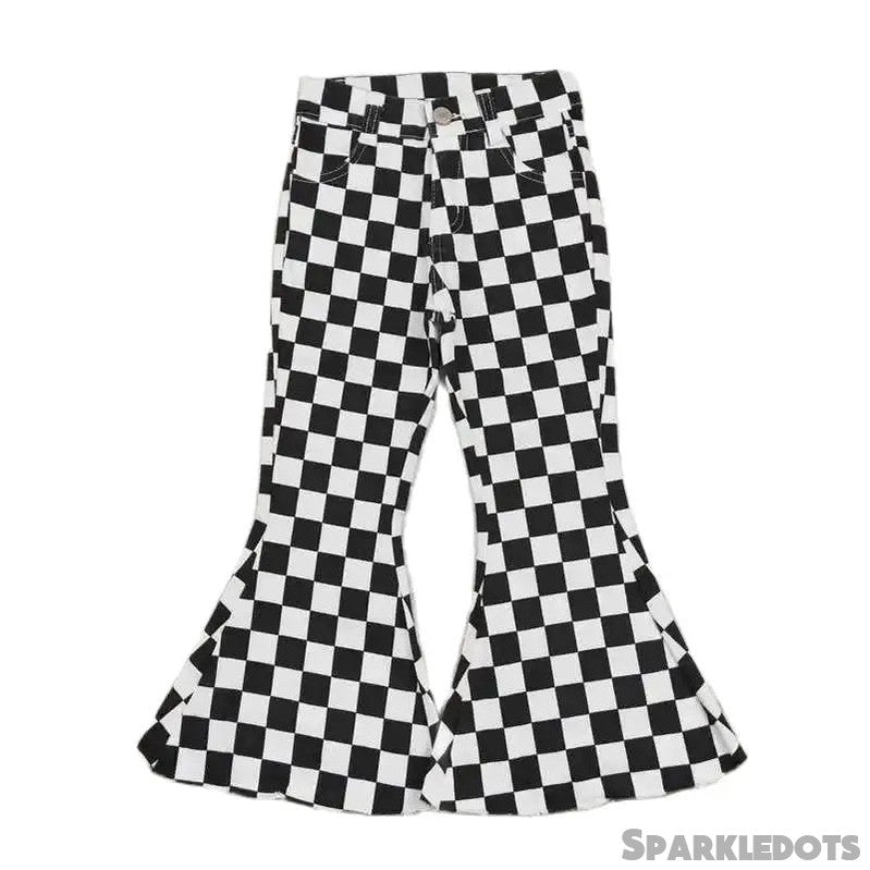 Girls Bell Bottom Denim Pants - Western Black Checkerboard