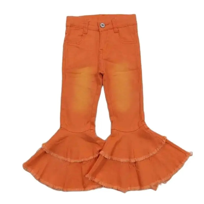 Girls Bell Bottom Denim Pants - Solid Orange Bleached Kids