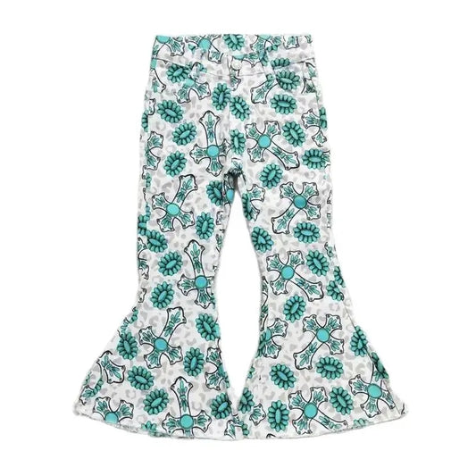 Girls Bell Bottom Denim Pants - Western Turquoise Cross Kids