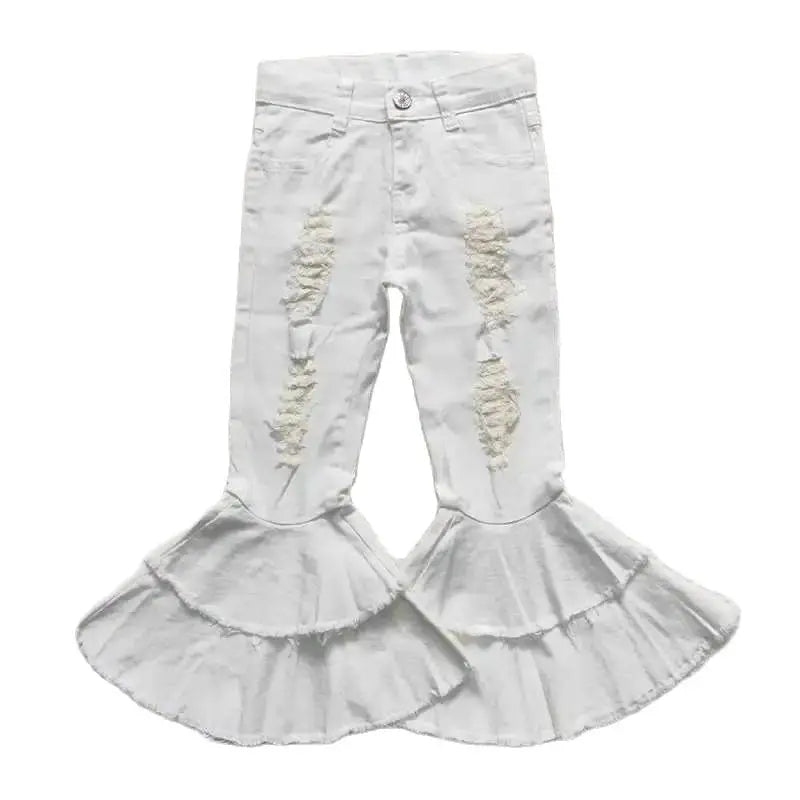 Girls Bell Bottom Distressed Denim Pants - Solid White Kids