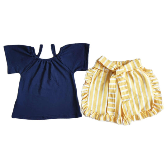 Girls Outfit - Navy Tunic & Yellow Paper Bag Shorts