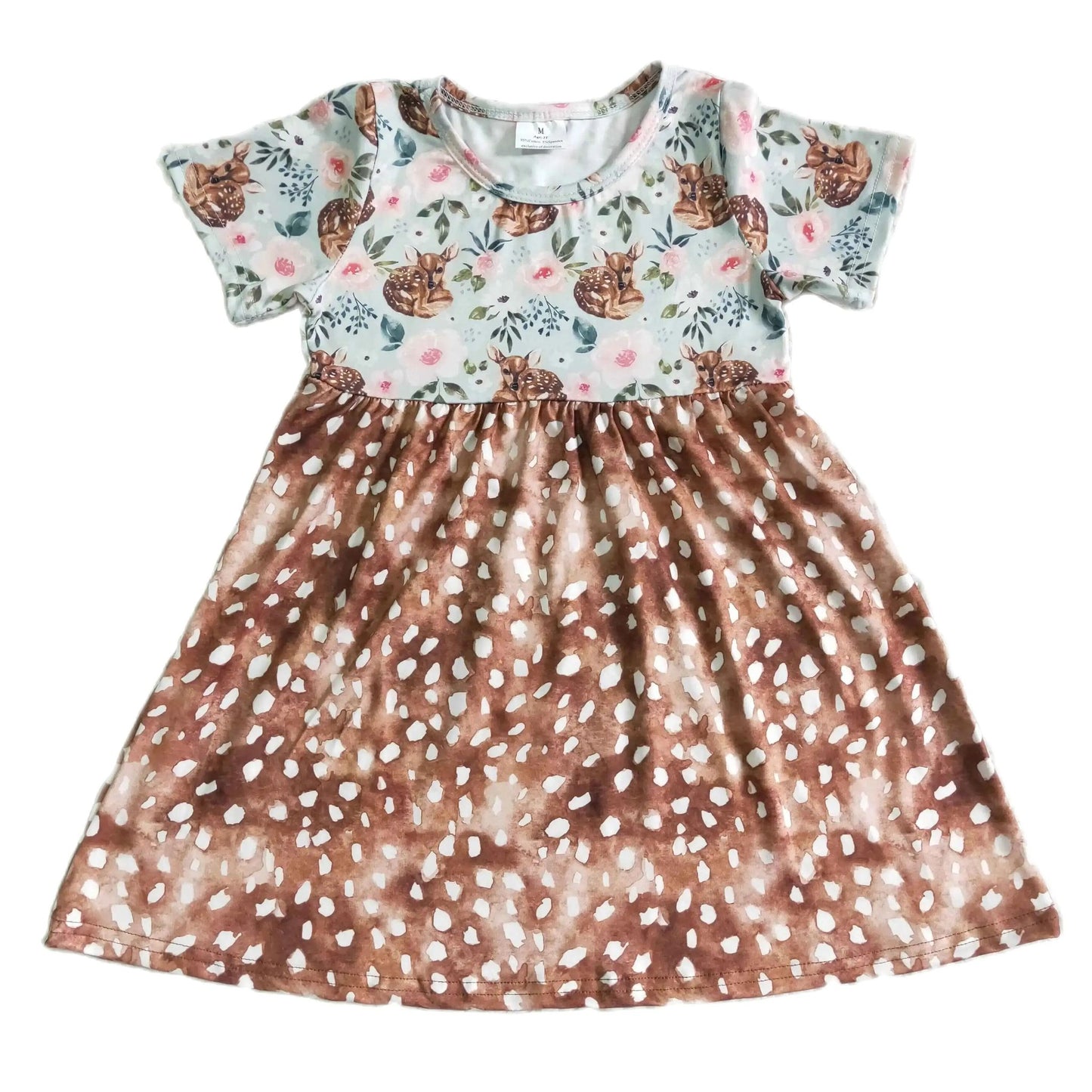 FLORAL DEER Short Sleeve & Tan Spotted Dot Dress