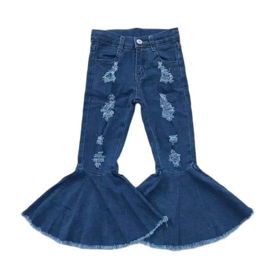 Girls Bell Bottom Denim Pants - Dark Wash Distressed Kids