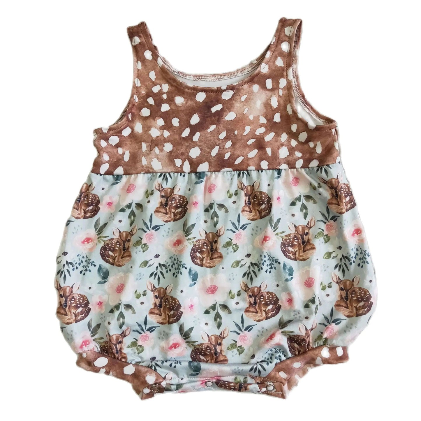 FLORAL DEER & Tan Spotted Dot Sleeveless Romper