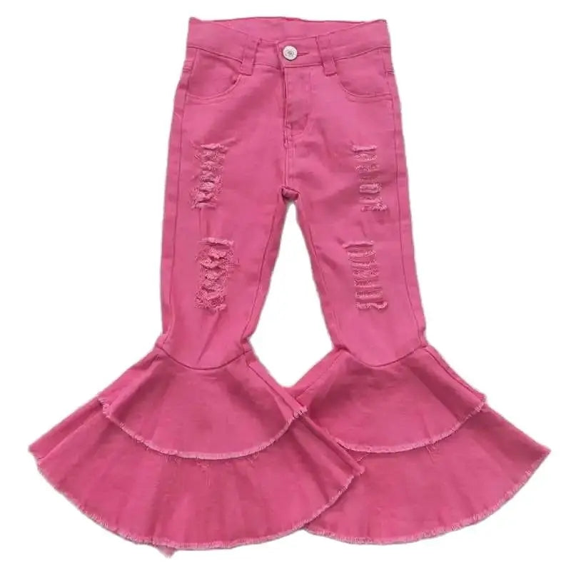 Girls Bell Bottom Distressed Denim Pants - Solid Pink Kids