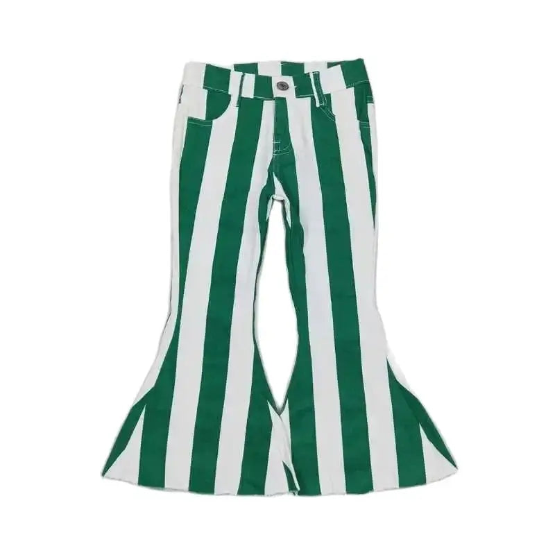 Girls Bell Bottom Denim Pants - Western Green Stripe Kids