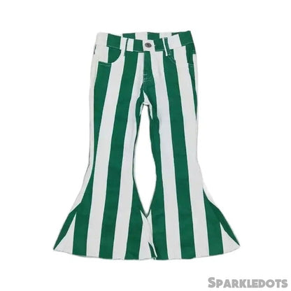 Girls Bell Bottom Denim Pants - Western Green Stripe Kids