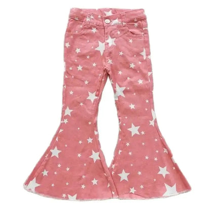 Girls Bell Bottom Denim Pants - Western Pink White Star Kids