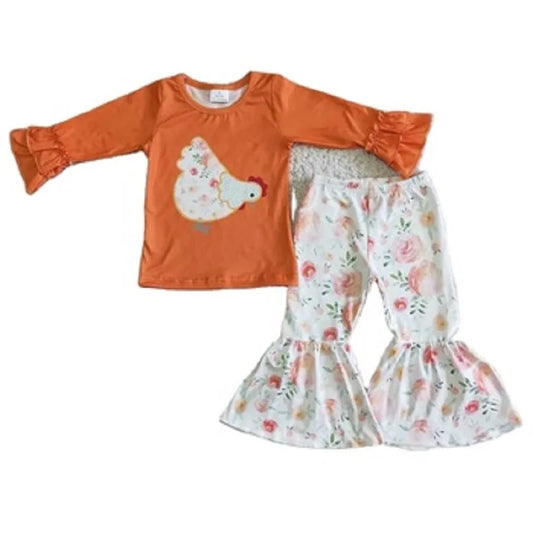 Girls Outfit - Western Farm - Orange Floral Chicken to 14/16
