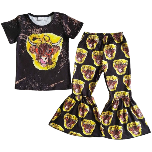 Girls Bell Bottoms Western Outfit - Highland Cow Kids