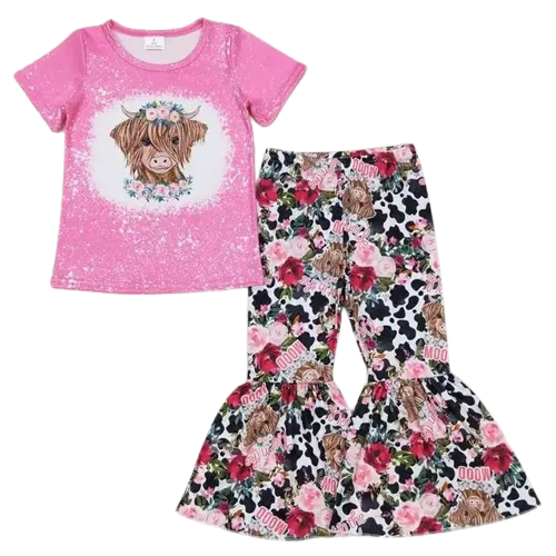 Rose Highland Cow - Western Bell Bottoms Outfit Kids