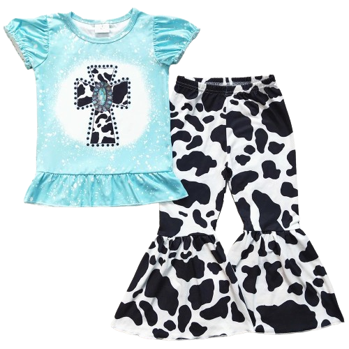 Turquoise Cow Cross -Western Bell Bottom Outfit Kid Clothing