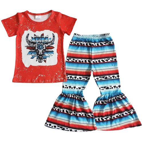 Serape Stripe Cow Skull - Western Bell Bottom Outfit Kids