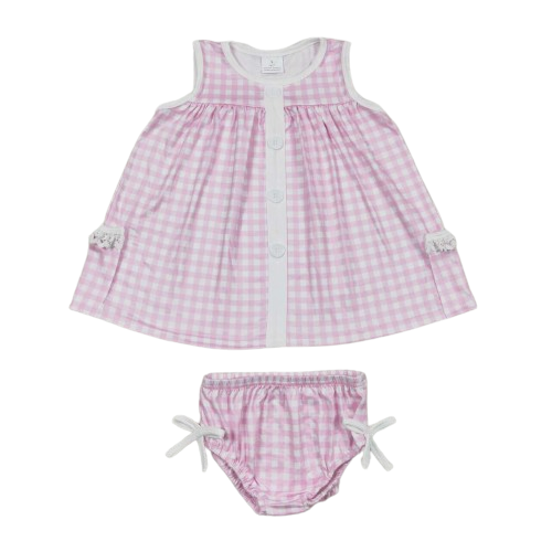 PLAID LAYETTE Pink Sleeveless Lace Trim Top & Bummie Set