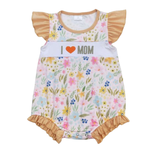 MOM FLORAL Sleeveless I Love Mom Ruffle Trim Romper