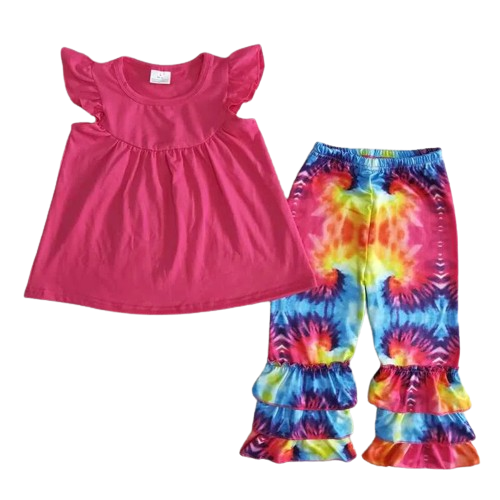 Flutter Sleeve Top & Tie Dye Ruffle Pants Set - Kids