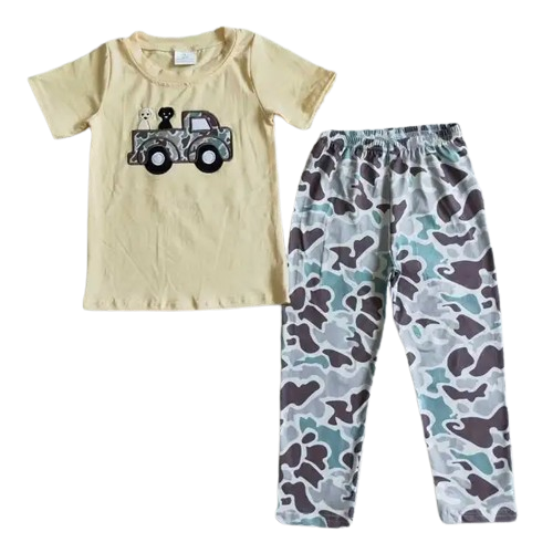 Dogs In Camo Truck Western Short Sleeve Shirt & Pants Set