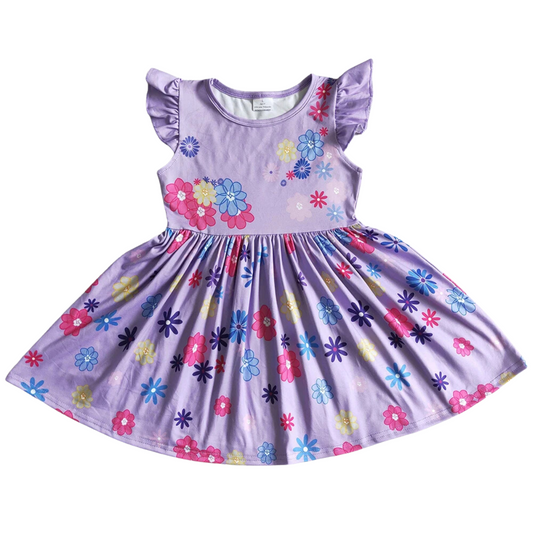 Floral Dress Purple Flutter Sleeve Twirly - Kids