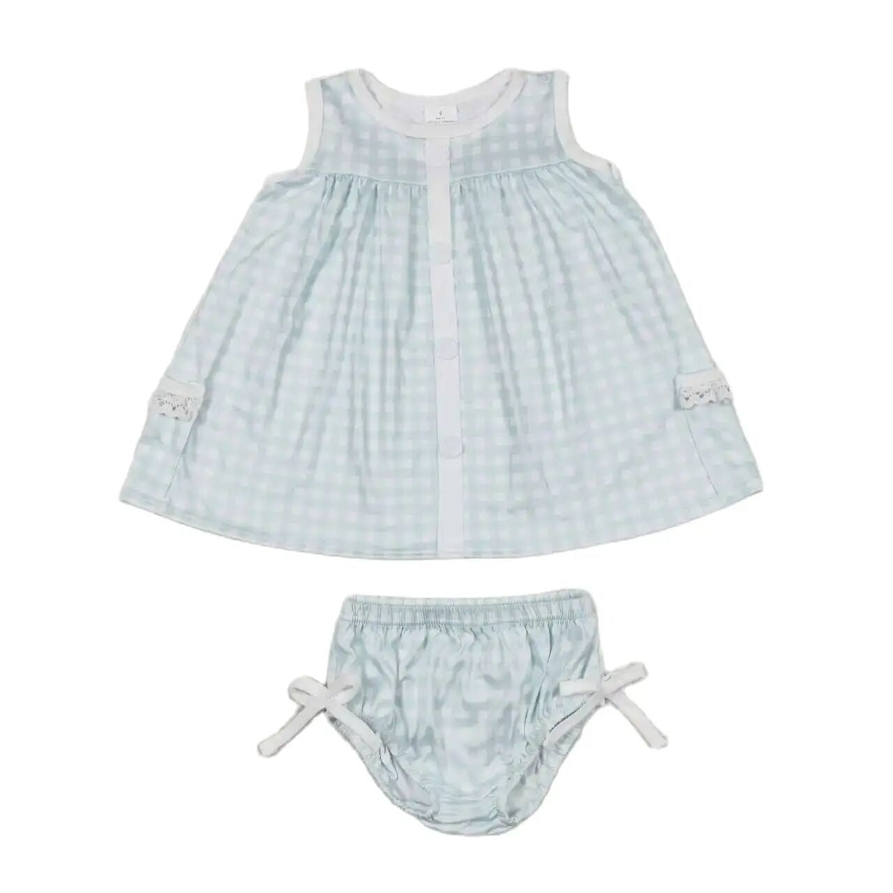 PLAID LAYETTE Blue Sleeveless Lace Trim Top & Bummie Set