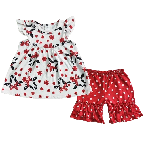 Flutter Sleeve Cow Print Shirt & Polka Dot Ruffle Shorts Set