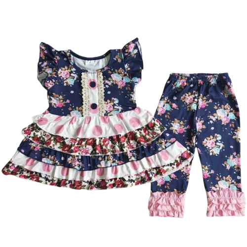 Navy & Pink Floral Patchwork Ruffle Top & Pants Set