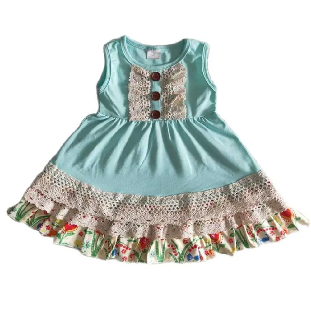 Floral Dress Mint Floral Lace Accent - Kids Clothing
